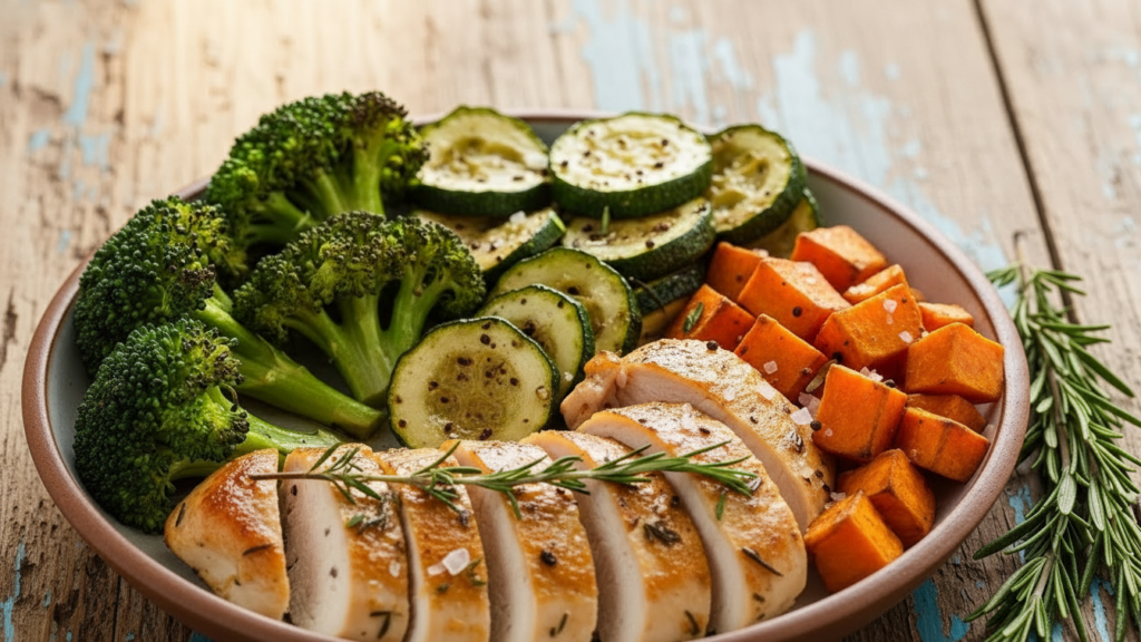 Olive Oil Chicken and Roasted Veggie Bowl