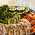 Olive Oil Chicken and Roasted Veggie Bowl