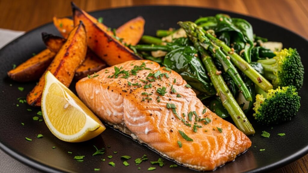 Baked Salmon with Sweet Potatoes and Greens