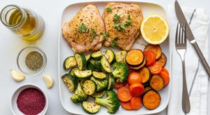 Lemon herb chicken with vegetables, high-protein repeatable lunch meal prep