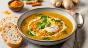 Turmeric ginger lentil soup in a bowl, anti-inflammatory and batch-friendly winter meal