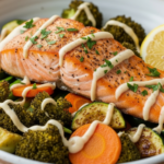 Omega-3 Power Bowl salmon roasted veggies lemon tahin sauce