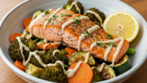 Omega-3 Power Bowl salmon roasted veggies lemon tahin sauce