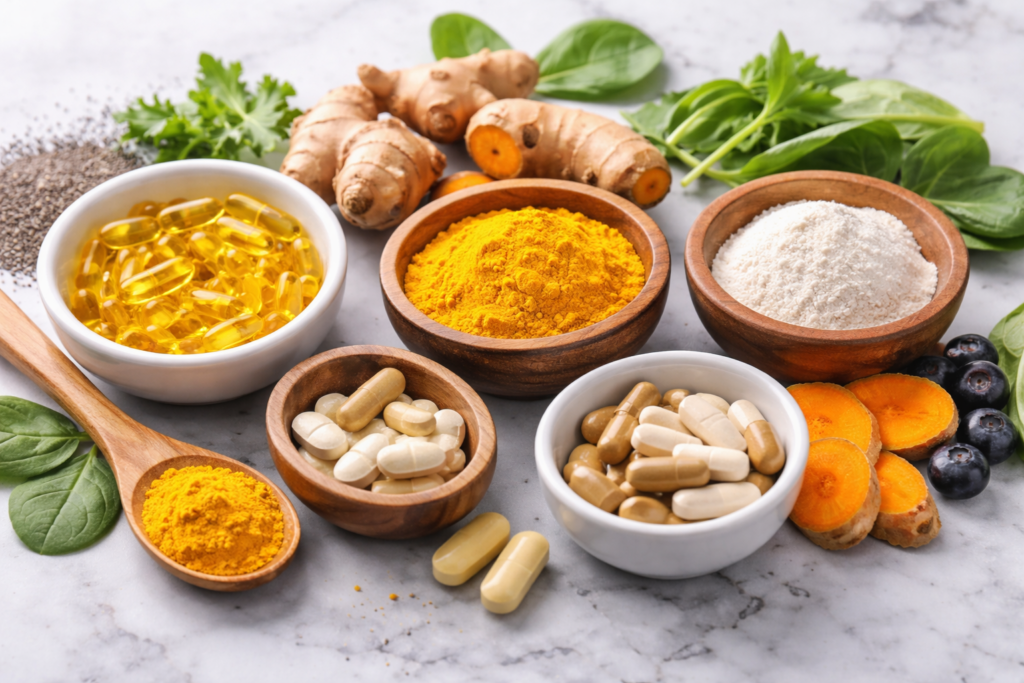 Natural supplements for rheumatoid arthritis including turmeric, omega-3 fish oil, and plant-based ingredients arranged on a clean surface