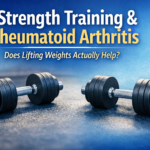 Strength Training and Rheumatoid Arthritis newsletter thumbnail with two dumbbells on a gym floor and the title “Strength Training & Rheumatoid Arthritis – Does Lifting Weights Actually Help?”