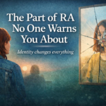 Cracked mirror representing identity change in rheumatoid arthritis with text “The Part of RA No One Warns You About.”