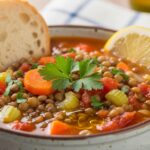 Anti-inflammatory Mediterranean lentil soup made with olive oil and vegetables, RA-friendly plant-based recipe.