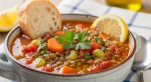 Anti-inflammatory Mediterranean lentil soup made with olive oil and vegetables, RA-friendly plant-based recipe.
