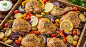 Greek sheet pan chicken with roasted zucchini, red onions, cherry tomatoes, and olives, drizzled with olive oil and fresh lemon, served on a baking tray.