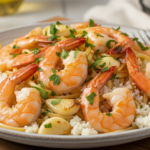 Mediterranean shrimp scampi made with olive oil, garlic, lemon, and fresh parsley served over cauliflower rice