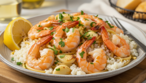 Mediterranean shrimp scampi made with olive oil, garlic, lemon, and fresh parsley served over cauliflower rice