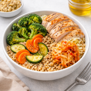 A balanced, gut-supportive bowl combining whole foods with fermented ingredients. Easy to customize and ideal for lunch or dinner.