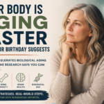 Woman with rheumatoid arthritis reflecting beside DNA imagery representing biological aging, inflammation, heart health, bone density, and brain health. Text reads: “Your Body Is Aging Faster Than Your Birthday Suggests.”