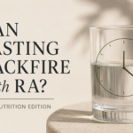 Minimalist editorial thumbnail for a rheumatoid arthritis nutrition newsletter featuring the text “Can Fasting Backfire with RA?” beside a glass of water with a subtle clock illustration, symbolizing intermittent fasting and meal timing. Soft neutral tones with a clean, modern wellness aesthetic.