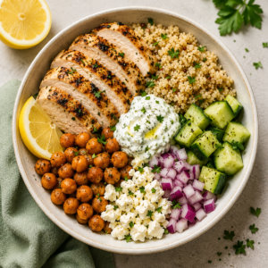 A balanced, anti-inflammatory bowl with lean protein, fiber, and steady-energy carbs. Good for meal prep and flare-friendly lunches.