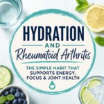 Hydration and rheumatoid arthritis graphic featuring sparkling water, citrus, cucumber, blueberries, and tips for supporting energy, focus, and joint health.