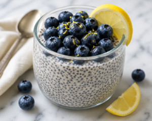 Blueberry lemon chia pudding topped with fresh blueberries, lemon zest, and a lemon slice in a glass bowl.
