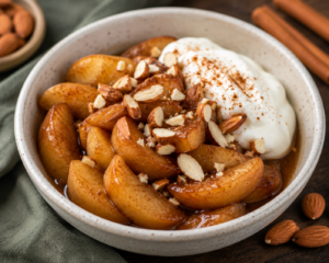 Warm cinnamon apples topped with chopped almonds and served with creamy yogurt in a ceramic bowl.