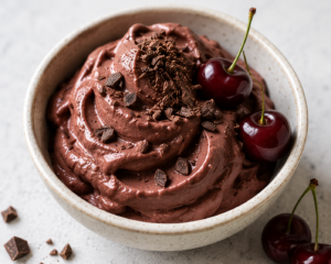 Creamy chocolate cherry nice cream topped with fresh cherries and chocolate shavings in a ceramic bowl.