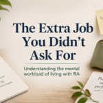 Editorial-style illustration of a planner, notebook, coffee, and health reminders surrounding the title "The Extra Job You Didn't Ask For," representing the invisible mental workload of living with rheumatoid arthritis.
