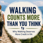 Woman walking along a scenic stone path overlooking the Albanian coast with the title "Walking Counts More Than You Think."