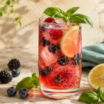 Berry-Basil Fizz, an alcohol-free sparkling drink with fresh berries, basil, lemon, ice, and sparkling water.