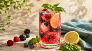 Berry-Basil Fizz, an alcohol-free sparkling drink with fresh berries, basil, lemon, ice, and sparkling water.