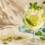 Hugo Spritz with Prosecco, elderflower liqueur, lime, mint, ice, and sparkling water in a wine glass.
