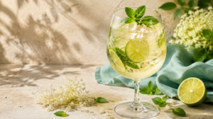 Hugo Spritz with Prosecco, elderflower liqueur, lime, mint, ice, and sparkling water in a wine glass.