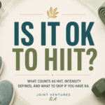 Illustration of fitness equipment including running shoes, dumbbells, a yoga mat, and a water bottle surrounding the title "Is It OK to HIIT?"