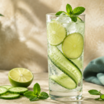 Cucumber-Lime Sparkler, an alcohol-free drink with fresh cucumber, lime, mint, ice, and sparkling water.