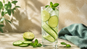 Cucumber-Lime Sparkler, an alcohol-free drink with fresh cucumber, lime, mint, ice, and sparkling water.