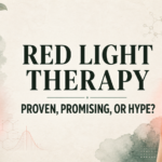 Red light therapy face mask and handheld device framing the title “Red Light Therapy: Proven, Promising, or Hype?” alongside an illuminated knee joint.